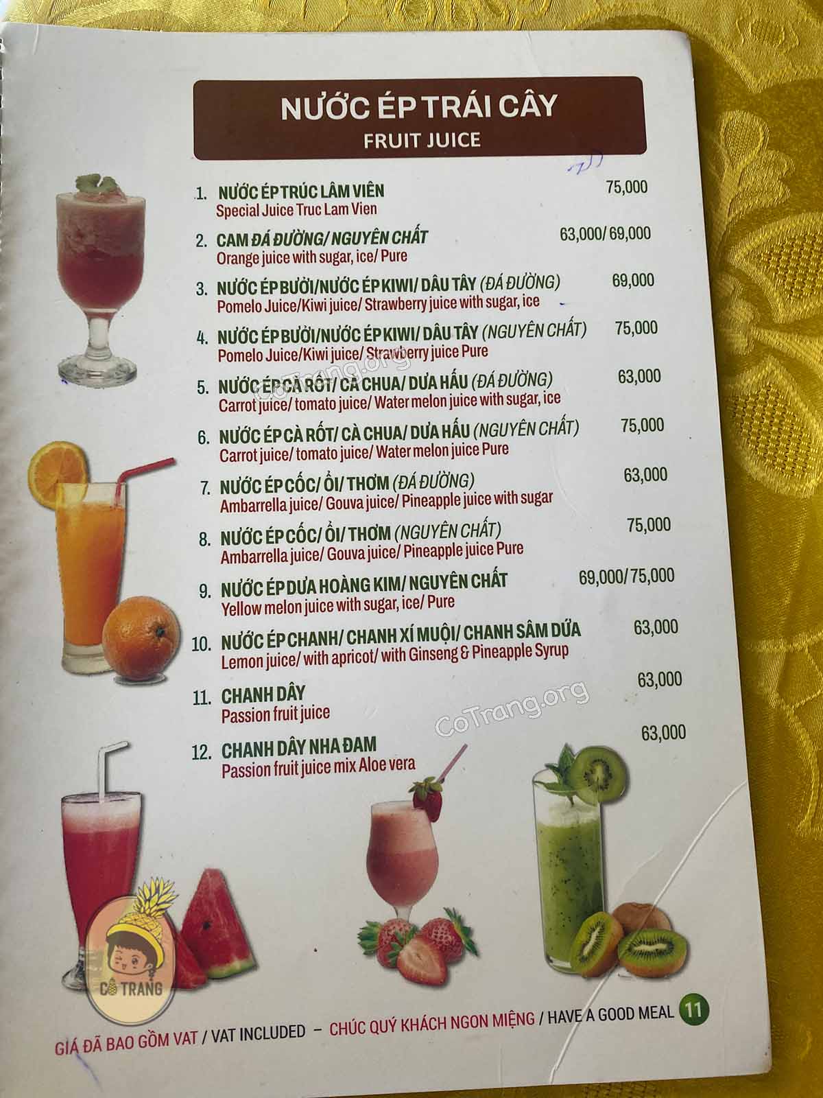Menu tại Trúc Lâm Viên Đà Nẵng